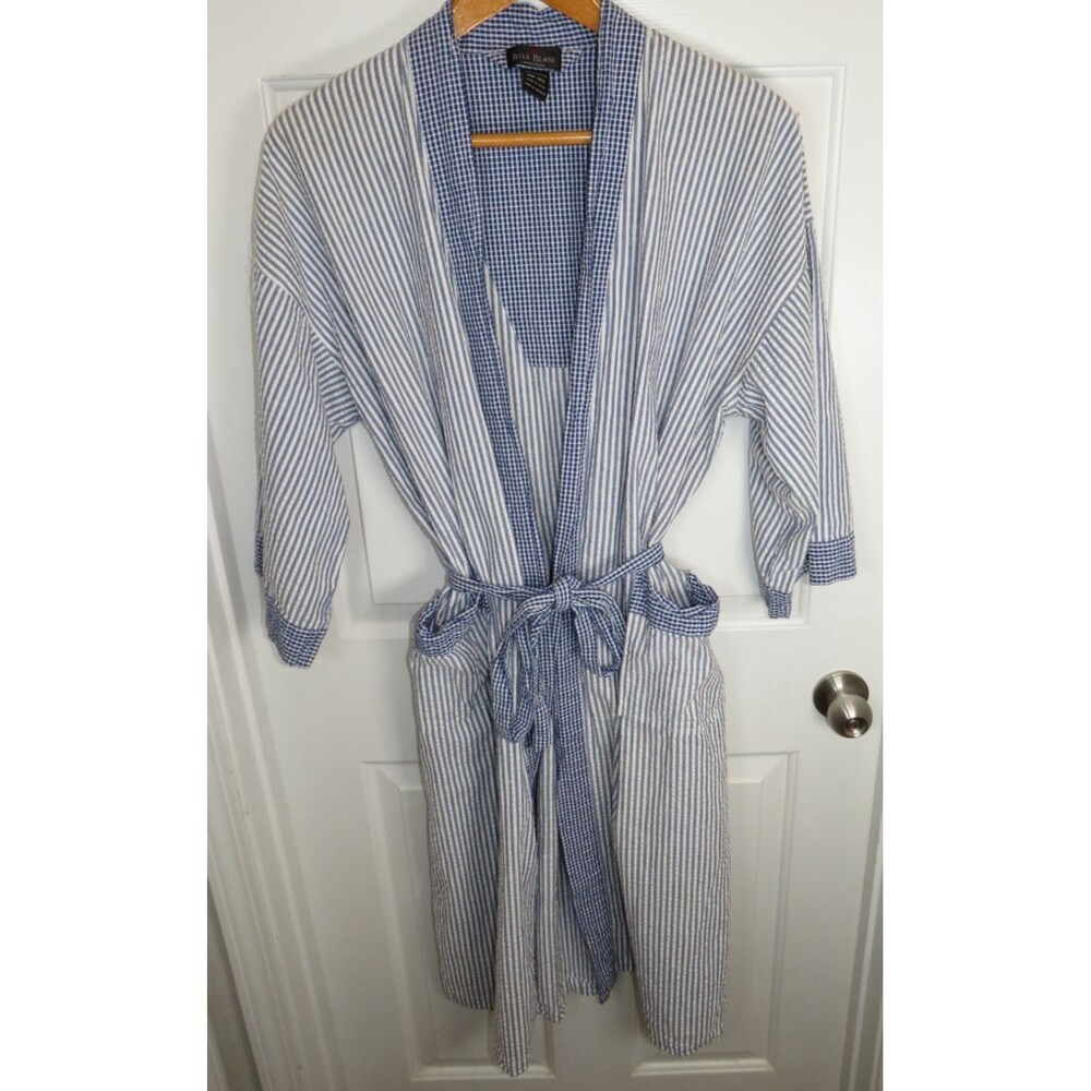 Bill Blass Blue Men's Robe Seersucker Striped Classic Preppy Comfort Vintage